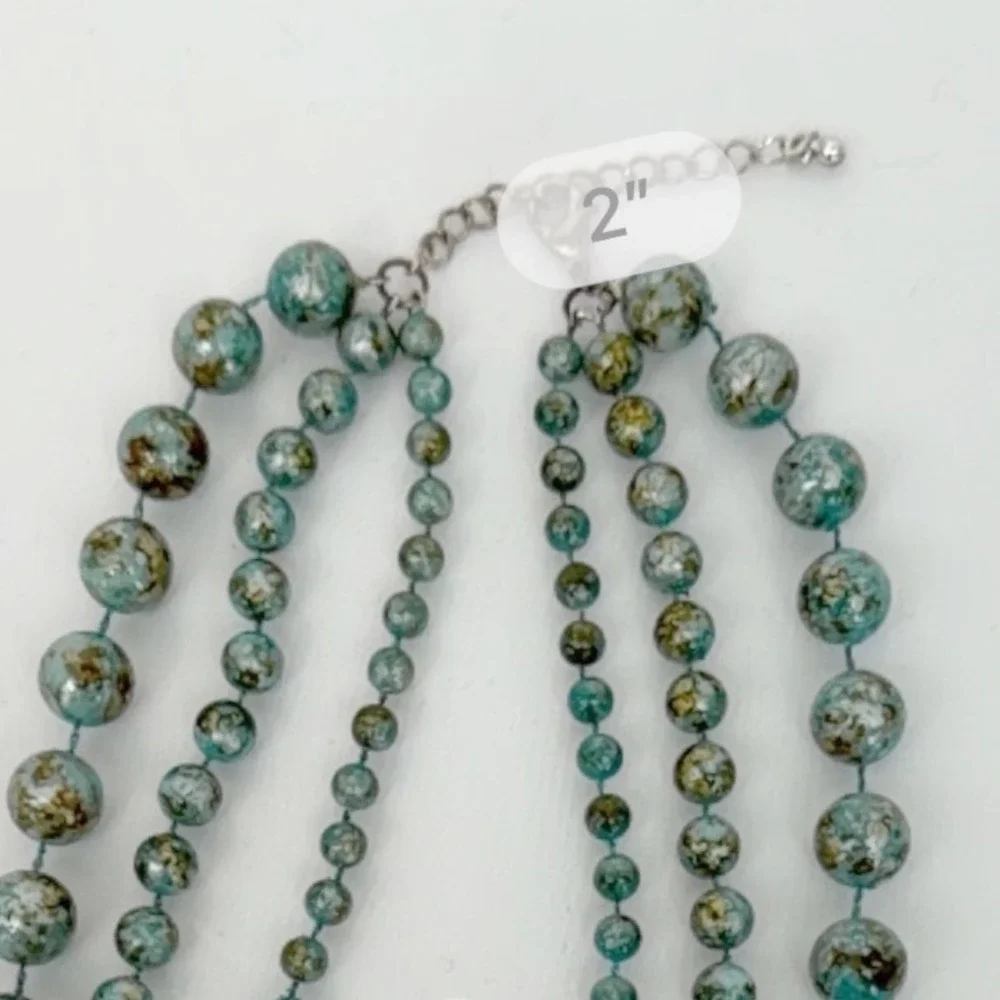 Teal Blue Gold Mottled Triple Strand Beaded Statement Necklace Graduated Layered